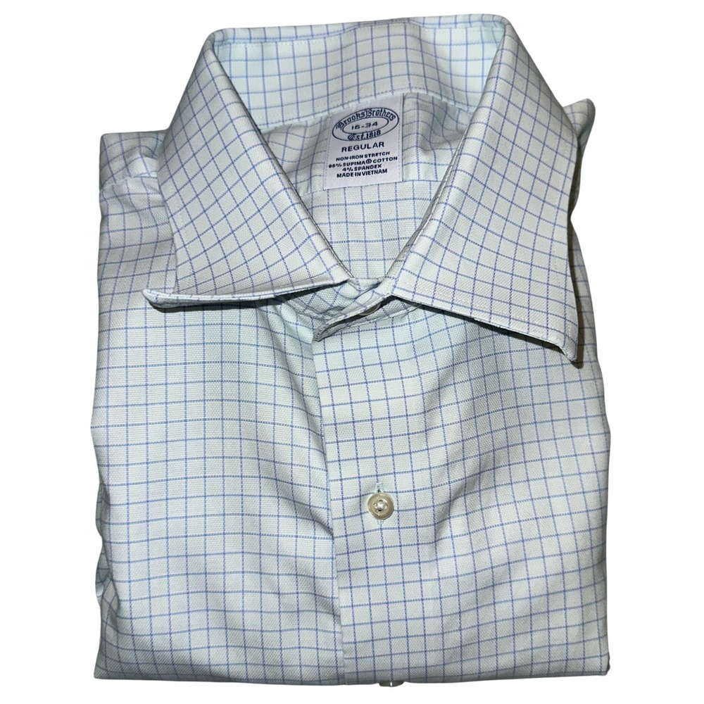 Brooks Brothers Mens 16 34‎ Regular Fit Non-Iron Stretch Shirt Blue White Check